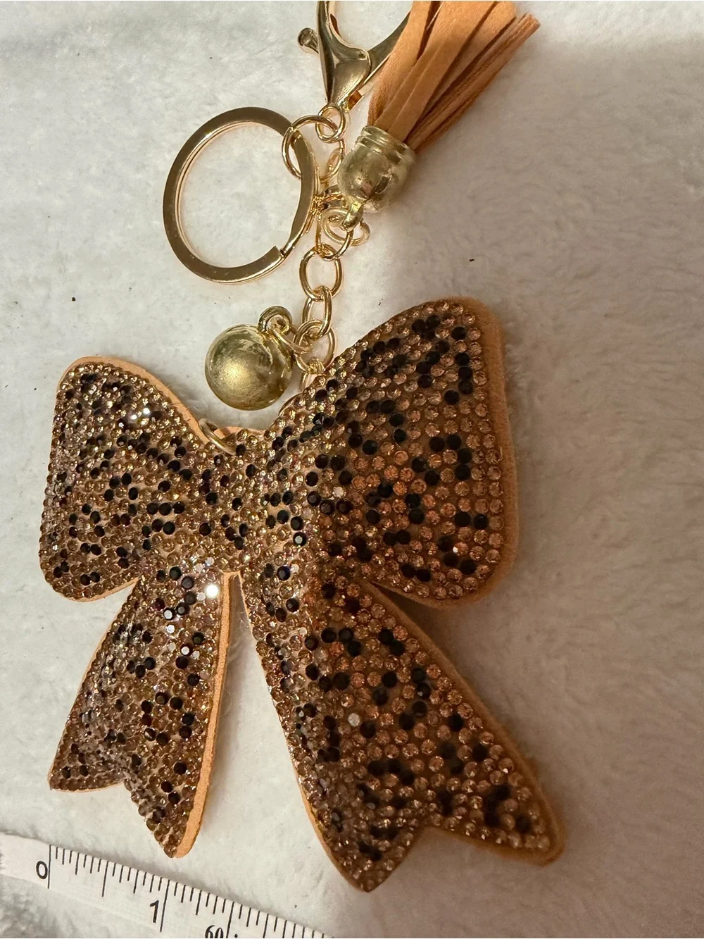 Gold Cheetah Rhinestone Bow Keychain with Tassel